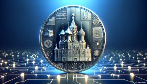 شكلٌ لعملةٍ معدنيةٍ افتراضيةٍ عليها صورةٌ لمبنى الكرملين الروسيّ وحوله مجموعةٌ من النقوش المختلفة