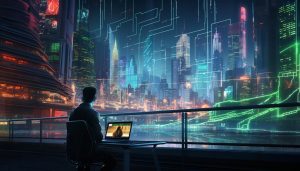 صورة رجلٍ يجلس على شرفةٍ تُطلّ على مدينةٍ مستقبليةٍ مليئةٍ بالأبنية الحديثة مع ظهور خطوطٍ مضيئة