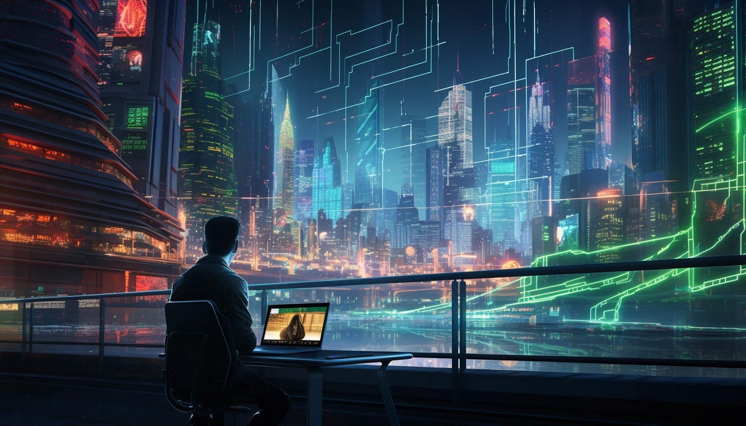 رجلٍ يجلس على شرفةٍ تُطلّ على مدينةٍ مستقبليةٍ مليئةٍ بالأبنية الحديثة مع ظهور خطوطٍ مضيئة